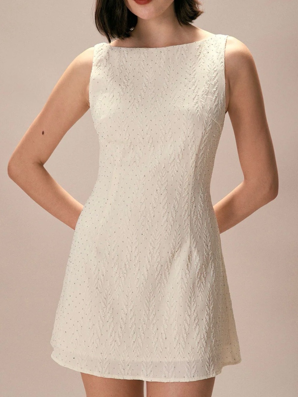 RIHOAS The Beige Boat Neck Textured Mini Dress Bridal Wedding Reception L NWT
